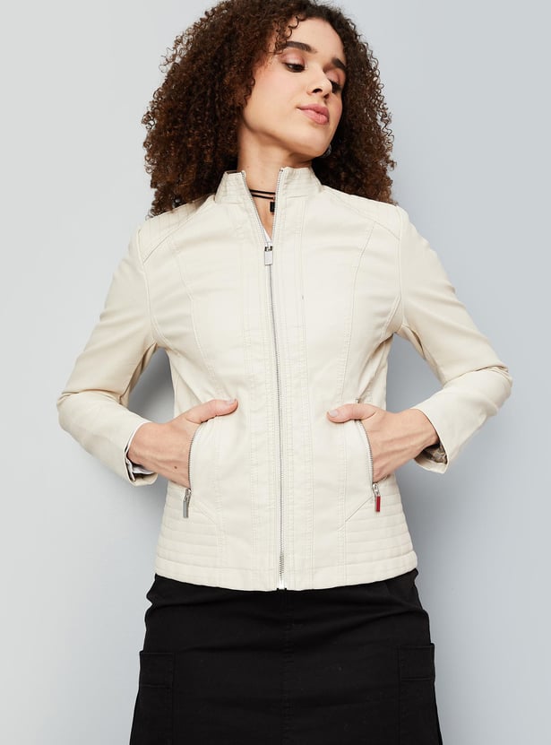 Women Solid Mock Collar Biker Jacket