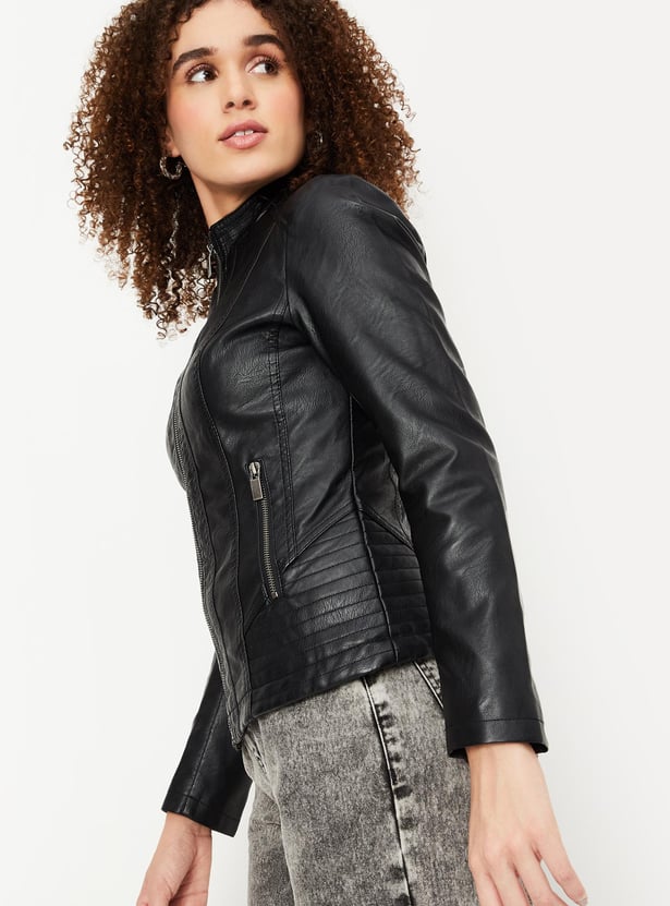 Women Solid Mock Collar Biker Jacket