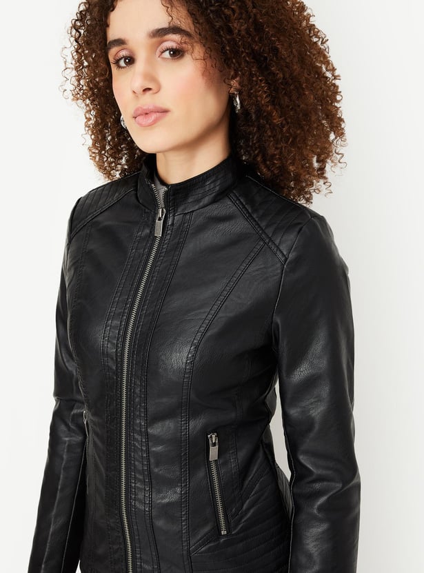 Women Solid Mock Collar Biker Jacket