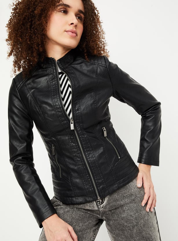 Women Solid Mock Collar Biker Jacket