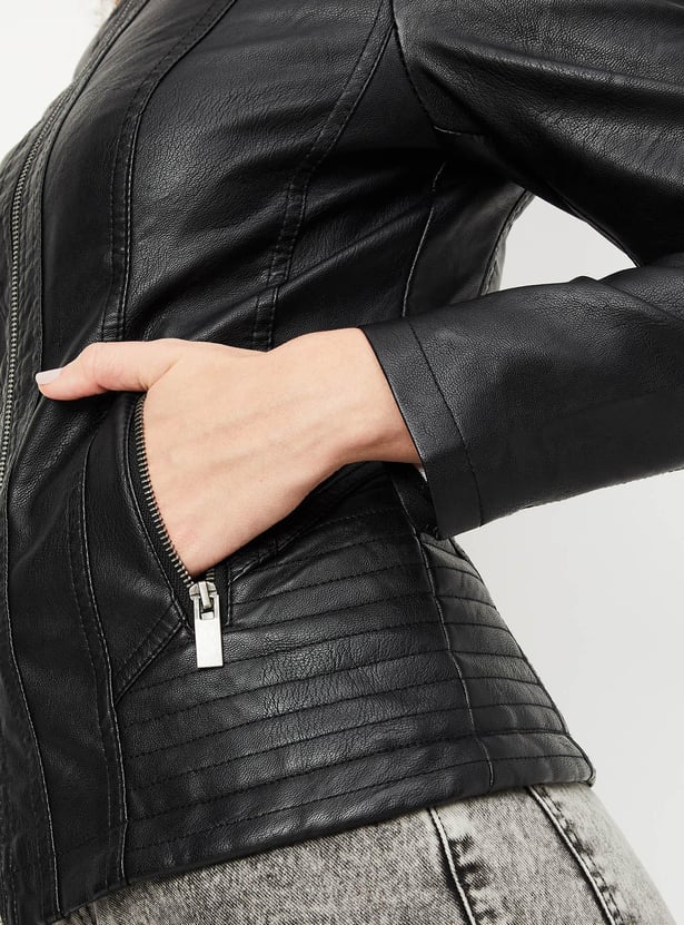 Women Solid Mock Collar Biker Jacket