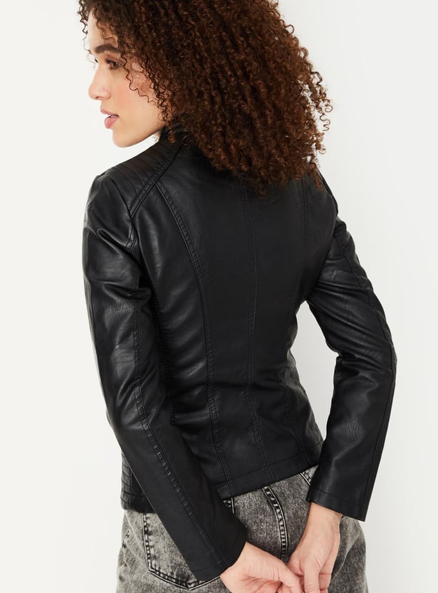 Women Solid Mock Collar Biker Jacket