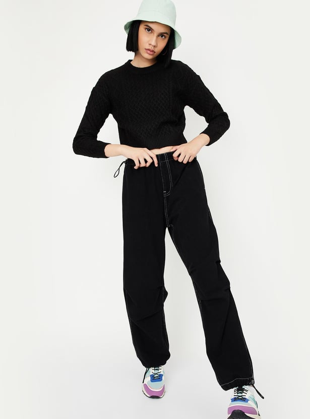 Women Cable Knit Cropped Sweater