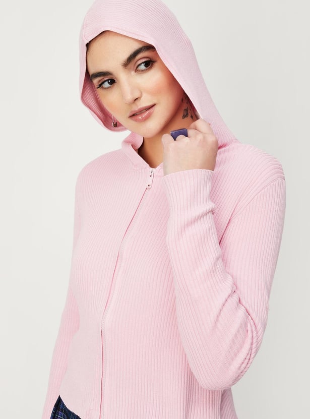 Women Ribbed Hooded Jacket