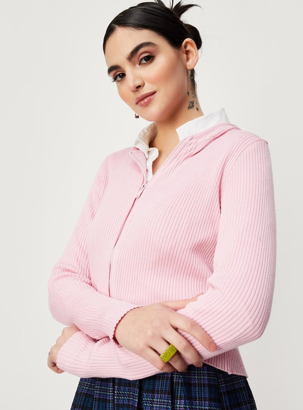 Women Ribbed Hooded Jacket