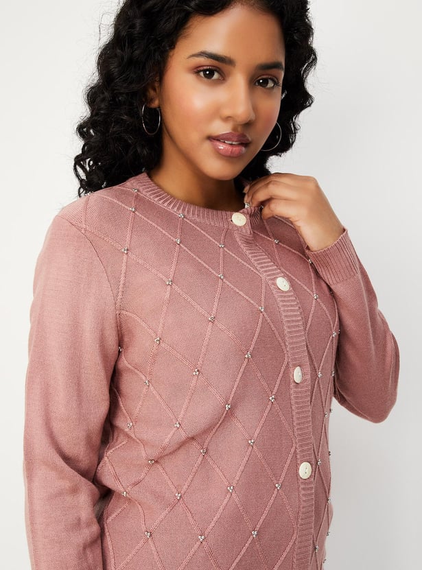 Buy Women Beaded Pointele Knit Cardigan Online at just