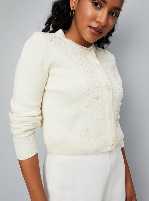 Pearl Embellished Open Front Cardigan