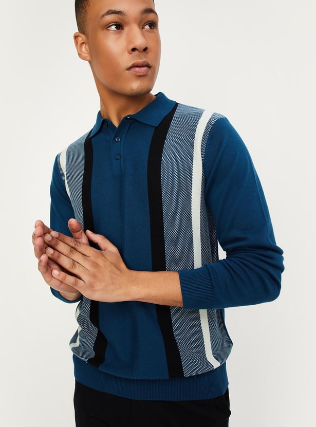 Men Striped Slim Fit Knit Polo T-shirt