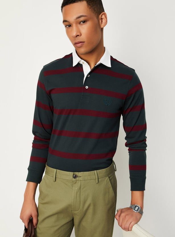 Men Striped Full Sleeve Polo T-shirt