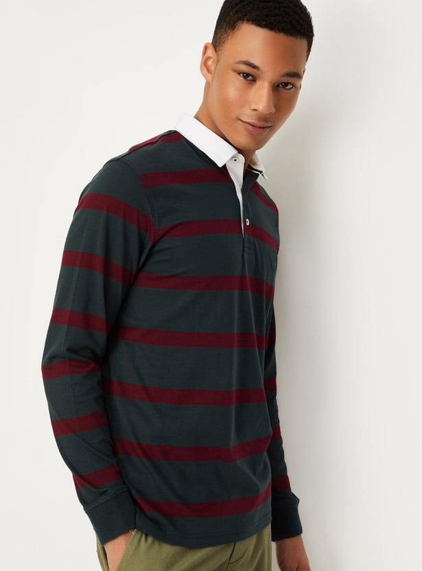 Men Striped Full Sleeve Polo T-shirt
