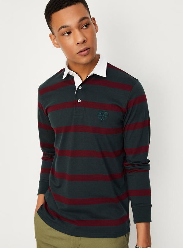 Men Striped Full Sleeve Polo T-shirt