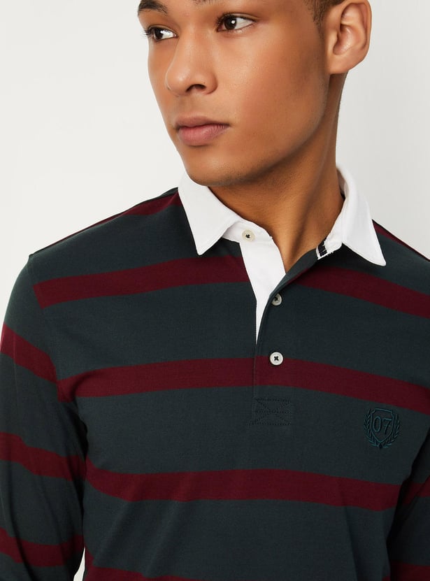 Men Striped Full Sleeve Polo T-shirt