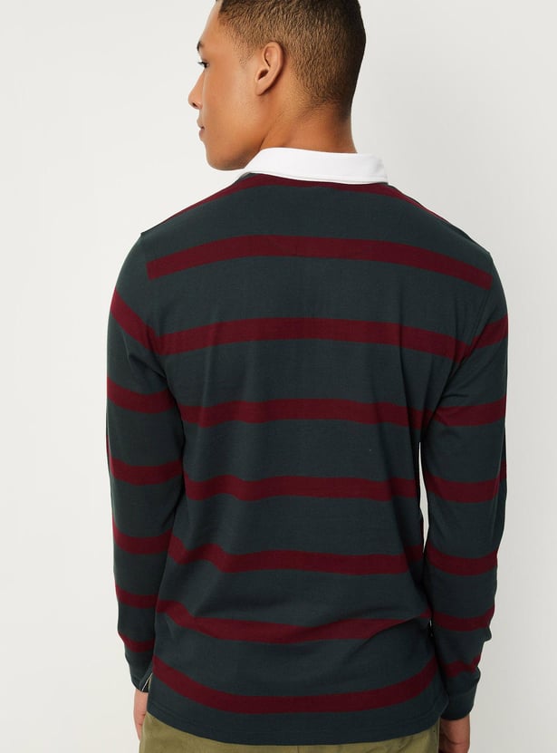 Men Striped Full Sleeve Polo T-shirt