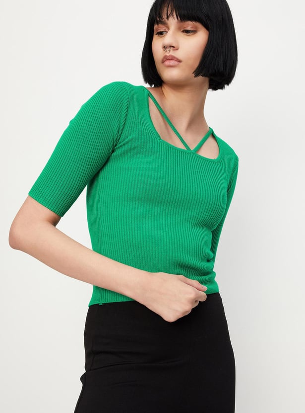 Women Cut-Out Neck Ribbed Top