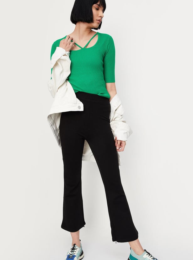 Women Cut-Out Neck Ribbed Top