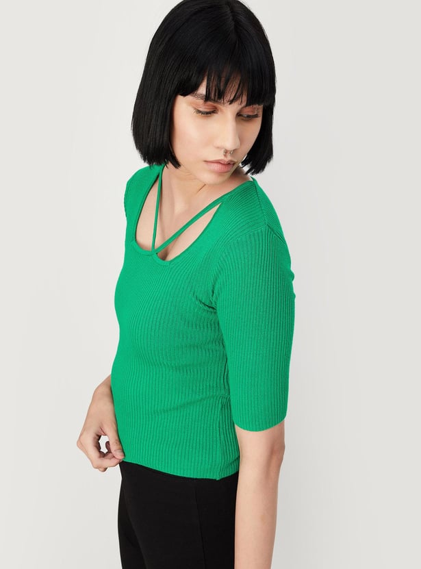 Women Cut-Out Neck Ribbed Top