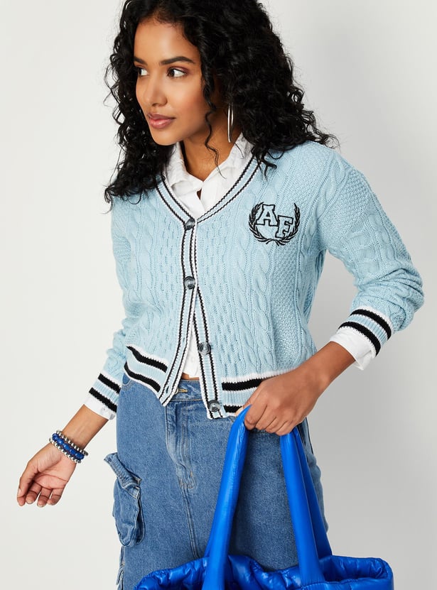 Women Cable Knit Varsity Crop Cardigan