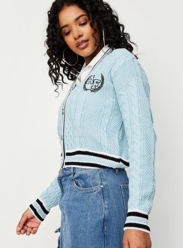 Women Cable Knit Varsity Crop Cardigan