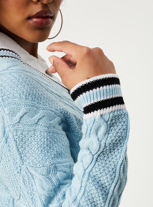 Women Cable Knit Varsity Crop Cardigan
