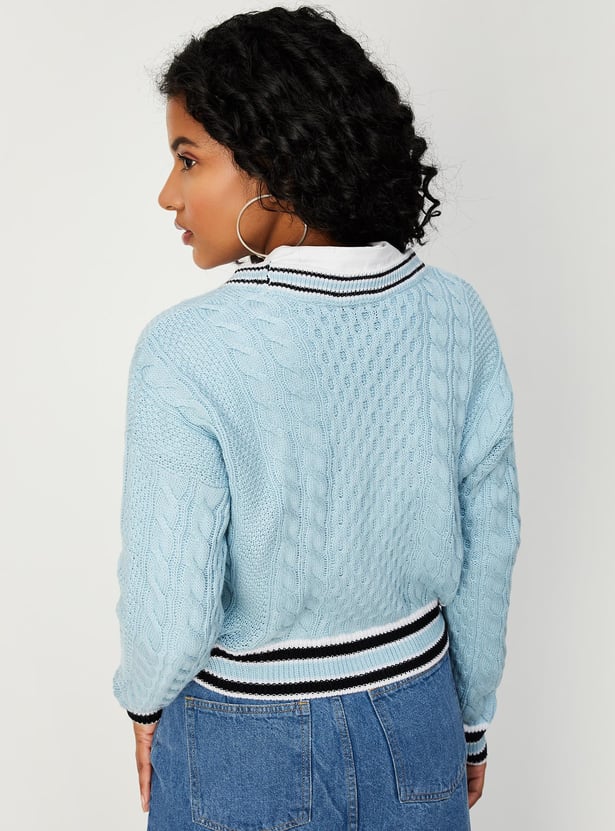 Women Cable Knit Varsity Crop Cardigan