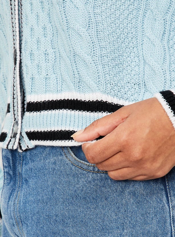 Women Cable Knit Varsity Crop Cardigan