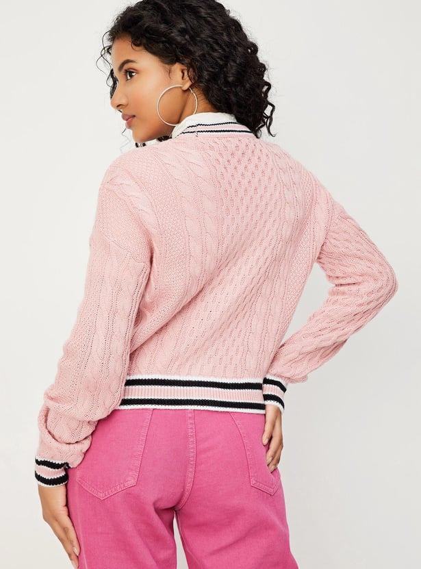 Women Cable Knit Varsity Crop Cardigan