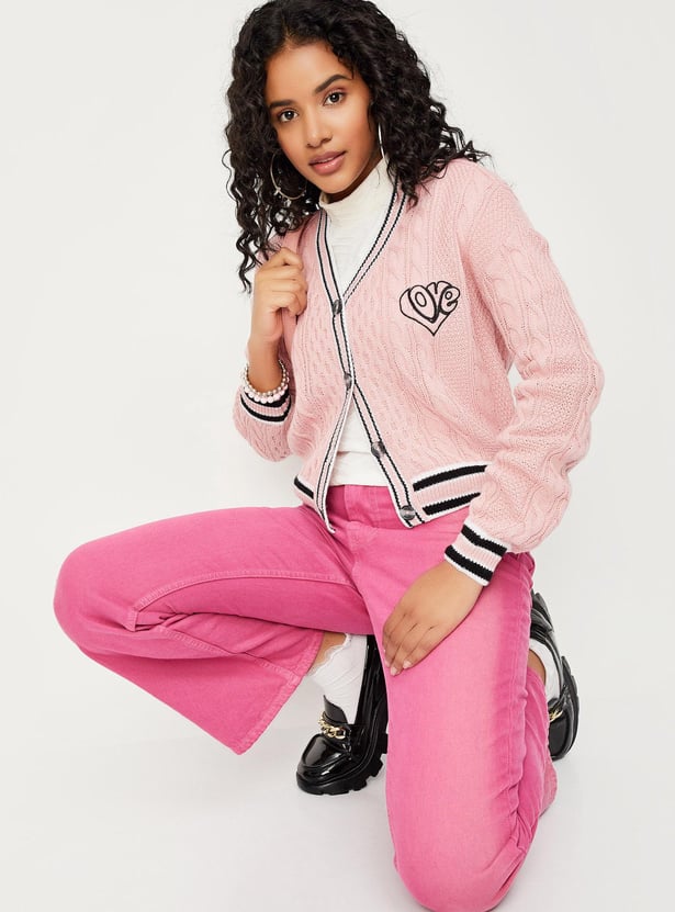 Women Cable Knit Varsity Crop Cardigan