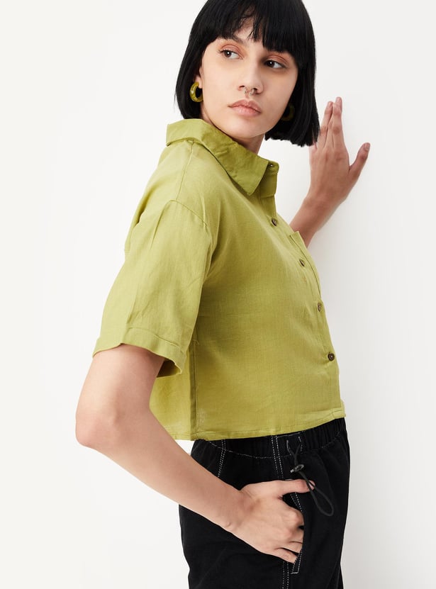 Women Solid Boxy Crop Shirt