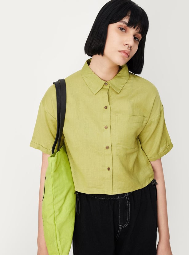 Women Solid Boxy Crop Shirt