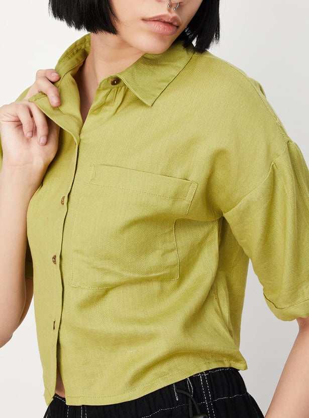 Women Solid Boxy Crop Shirt