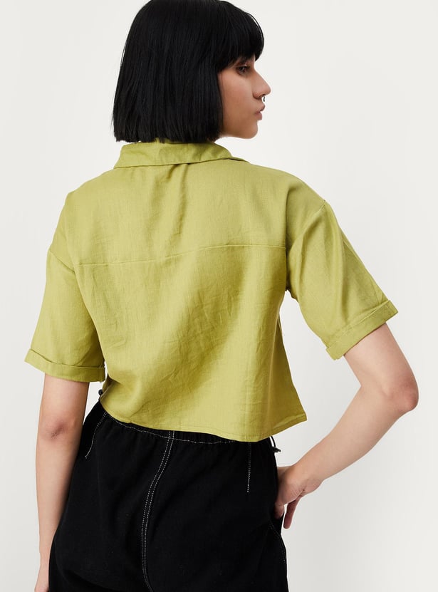 Women Solid Boxy Crop Shirt