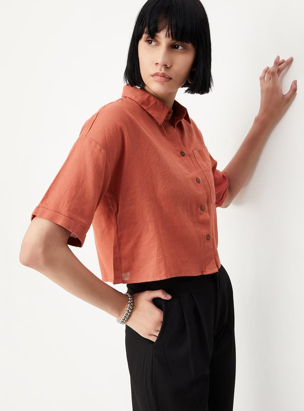 Women Solid Boxy Crop Shirt