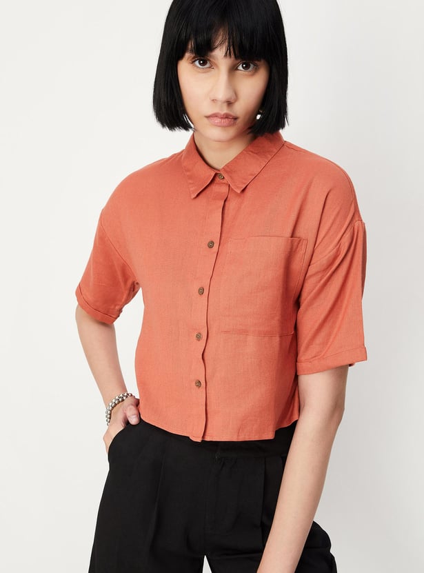 Women Solid Boxy Crop Shirt