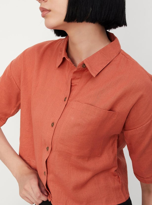 Women Solid Boxy Crop Shirt