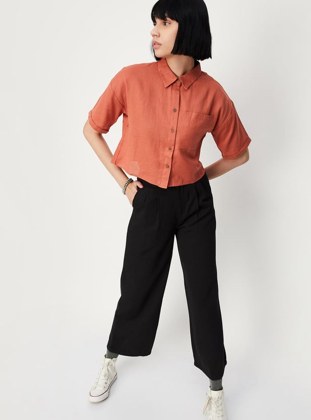 Women Solid Boxy Crop Shirt