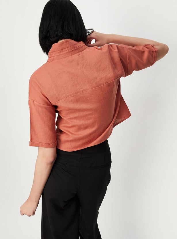 Women Solid Boxy Crop Shirt