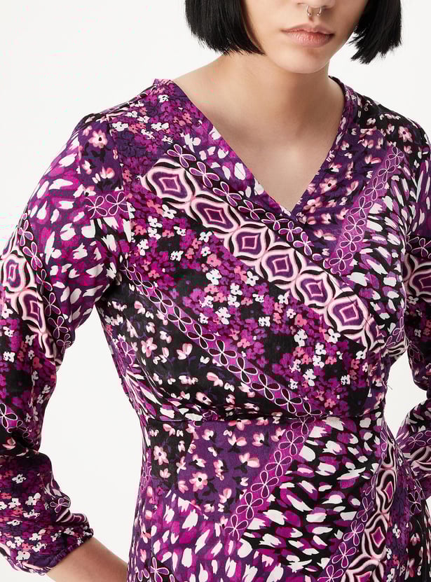 Women Printed Velvet Satin Wrap Dress