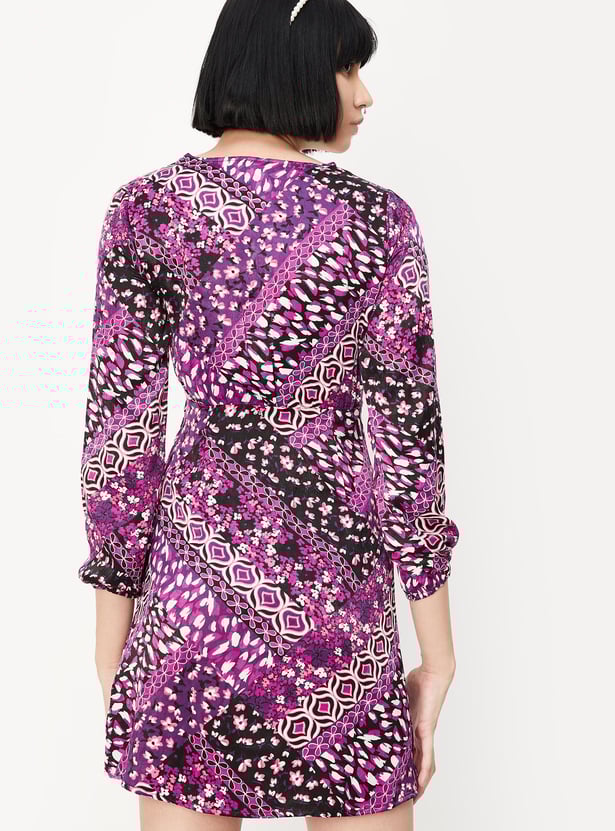 Women Printed Velvet Satin Wrap Dress