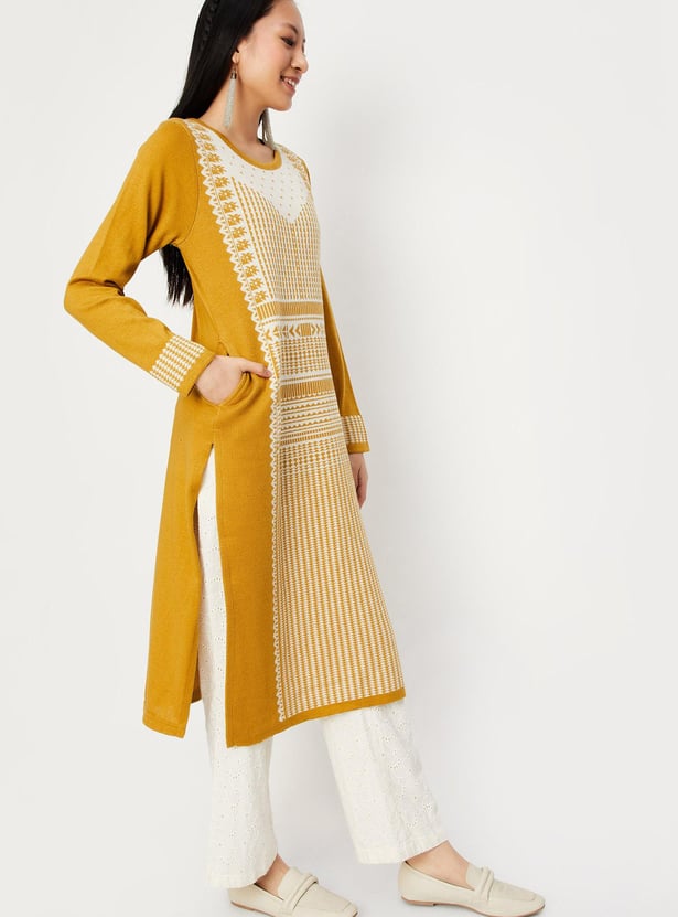 Women Jacquard Winter Kurta with Pocket