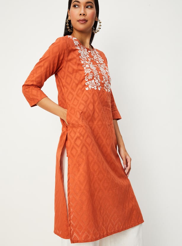 Orange Tissue Embroidered Straight Kurta For Women