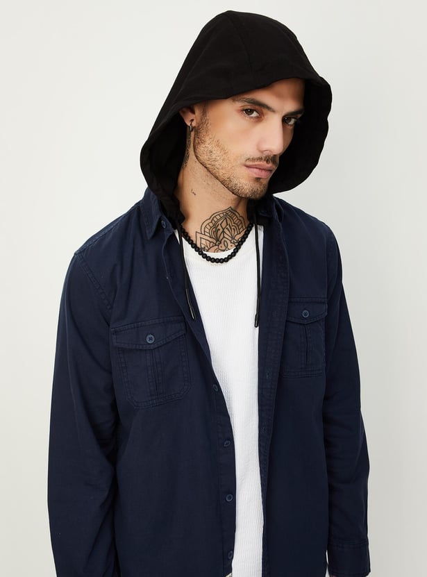 Men Solid Hooded Regular Fit Shirt