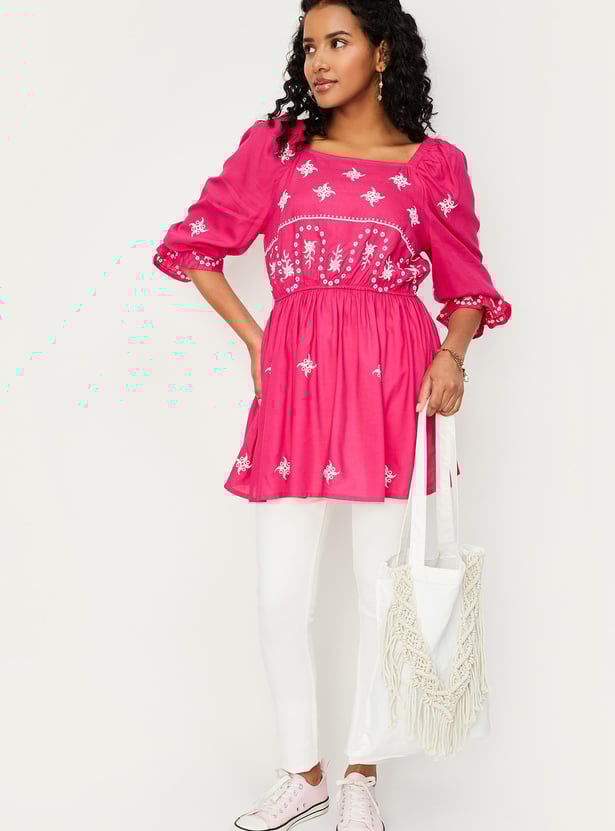 Women Embroidered Square Neck Tunic