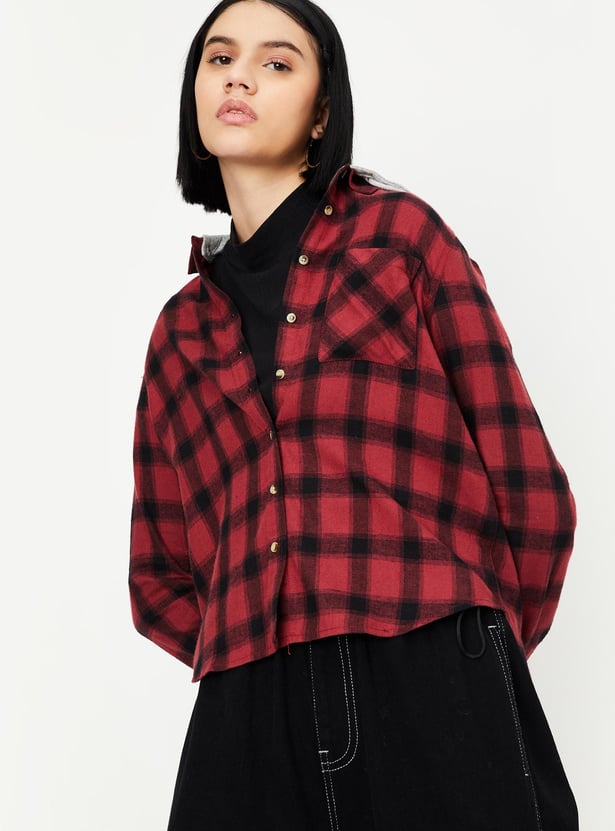 Women Checked Hooded Yarn Dyed Shirt