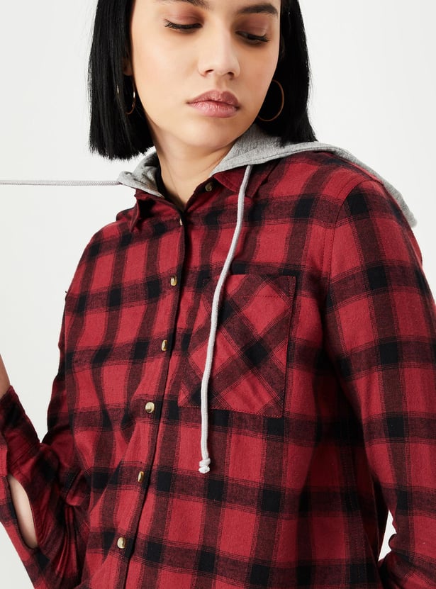 Women Checked Hooded Yarn Dyed Shirt