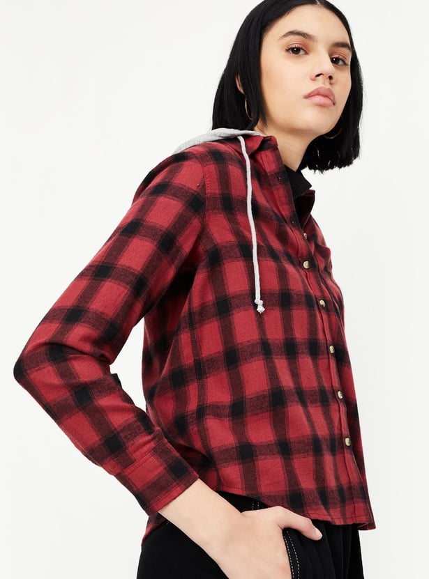 Women Checked Hooded Yarn Dyed Shirt