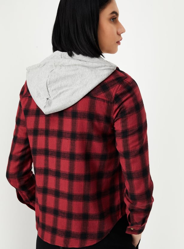 Women Checked Hooded Yarn Dyed Shirt