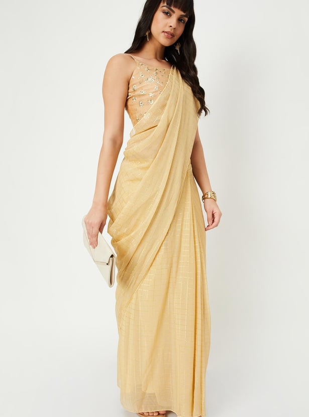 Women Checked Pre-Stitched Saree and Blouse Set