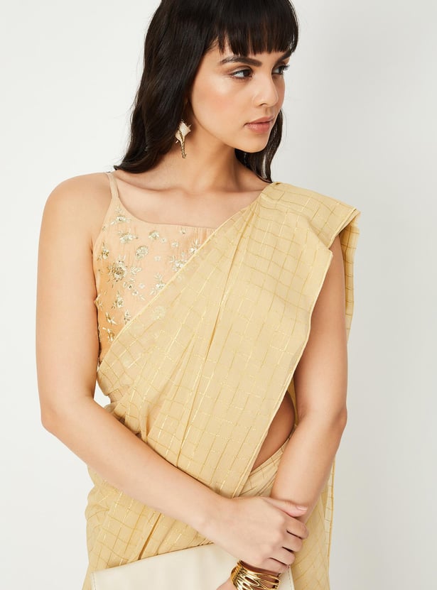Women Checked Pre-Stitched Saree and Blouse Set
