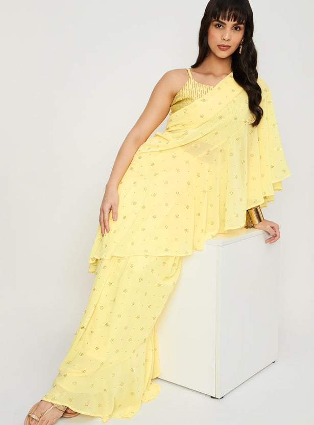 Women Embellished Pre-Stitched Saree and Blouse Set