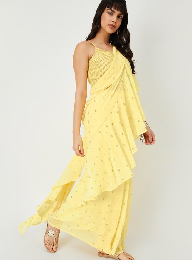 Women Embellished Pre-Stitched Saree and Blouse Set